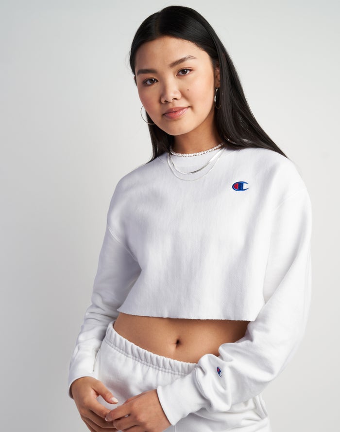 Champion Womens Sweatshirt NZ - Reverse Weave Cropped Cut-Off Crew White ( 7840-FOZPJ )